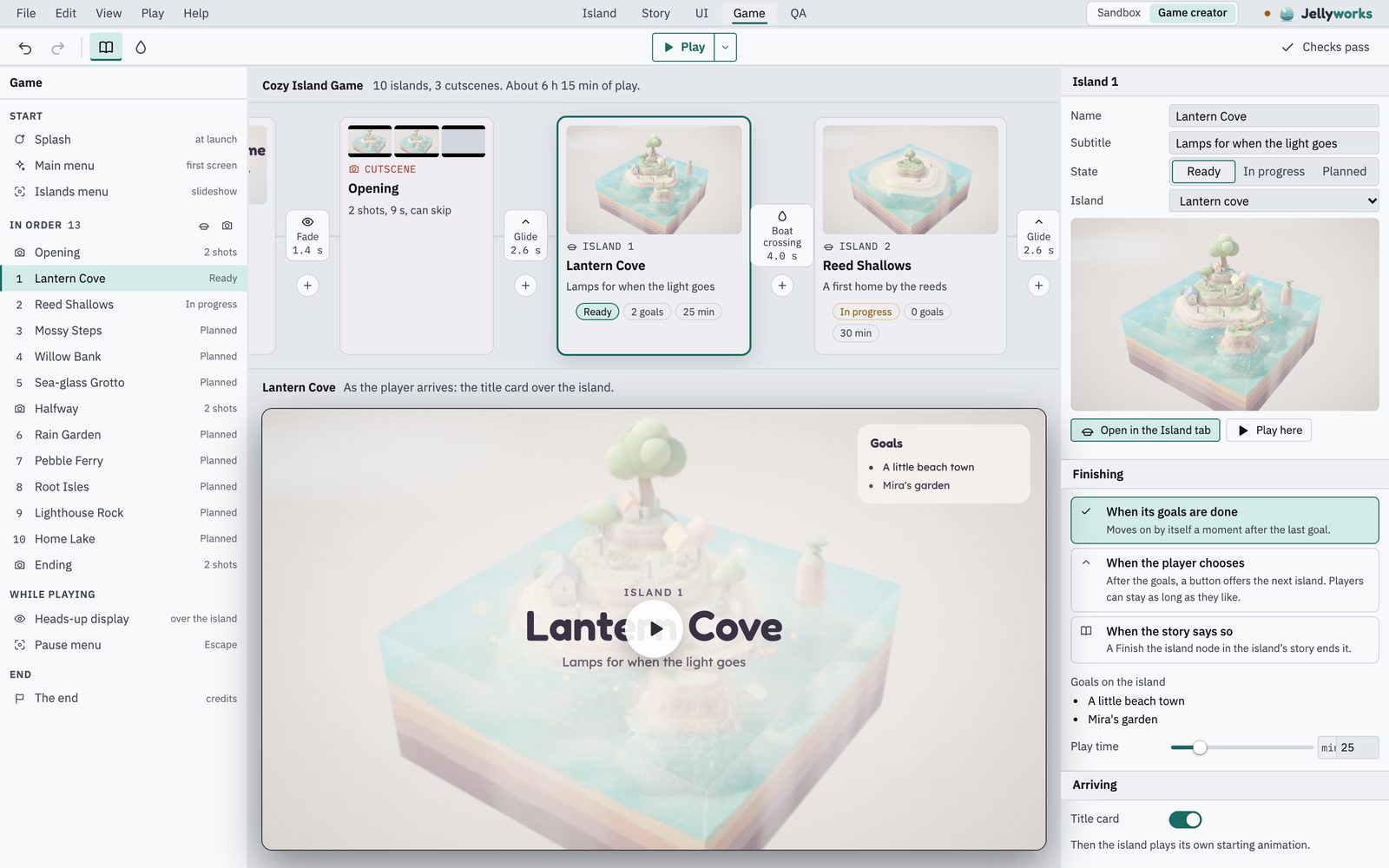 The Sequence view: cards for each island and cutscene, the transitions between them and a live preview