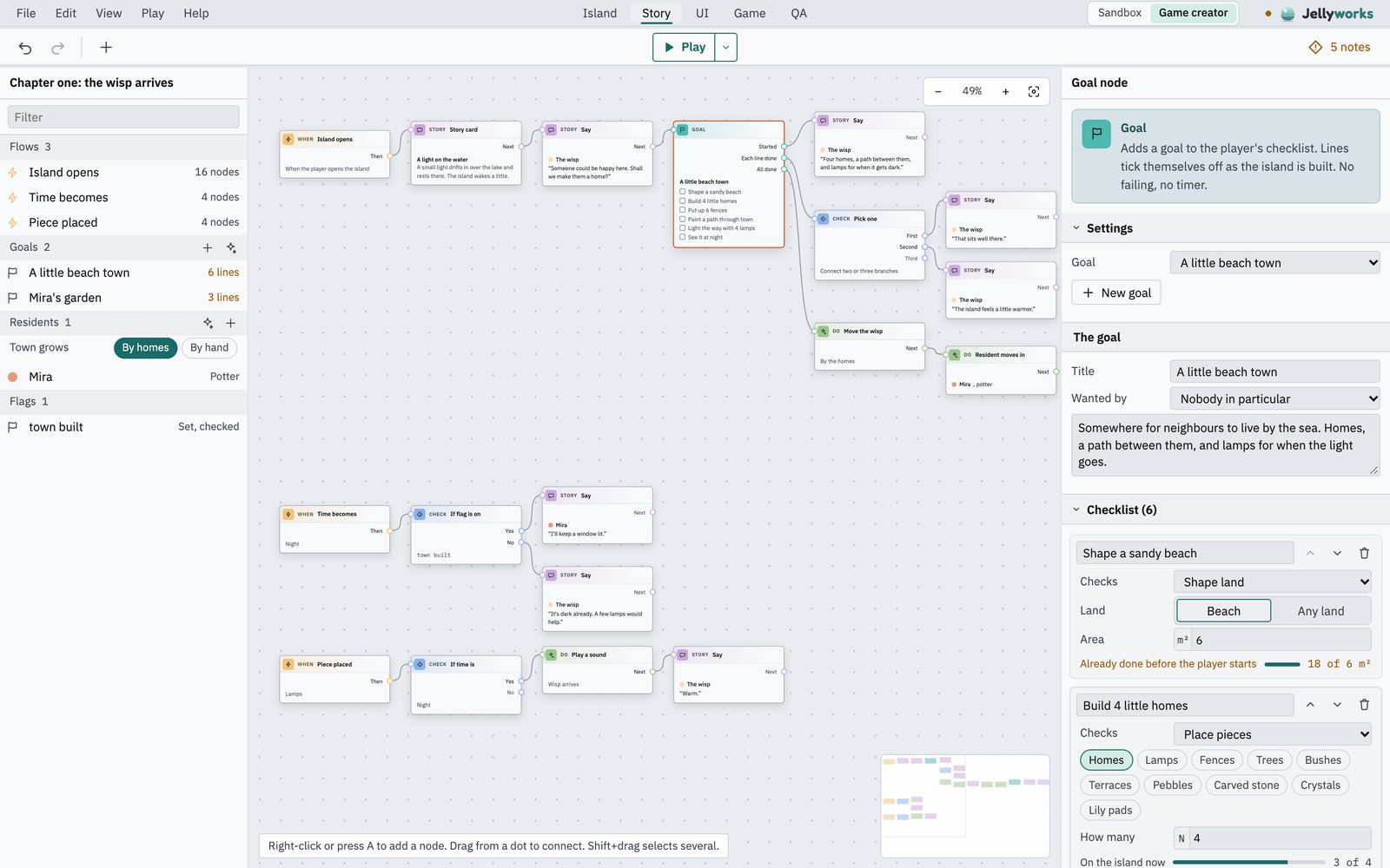 The Story tab: a node graph of what happens on an island