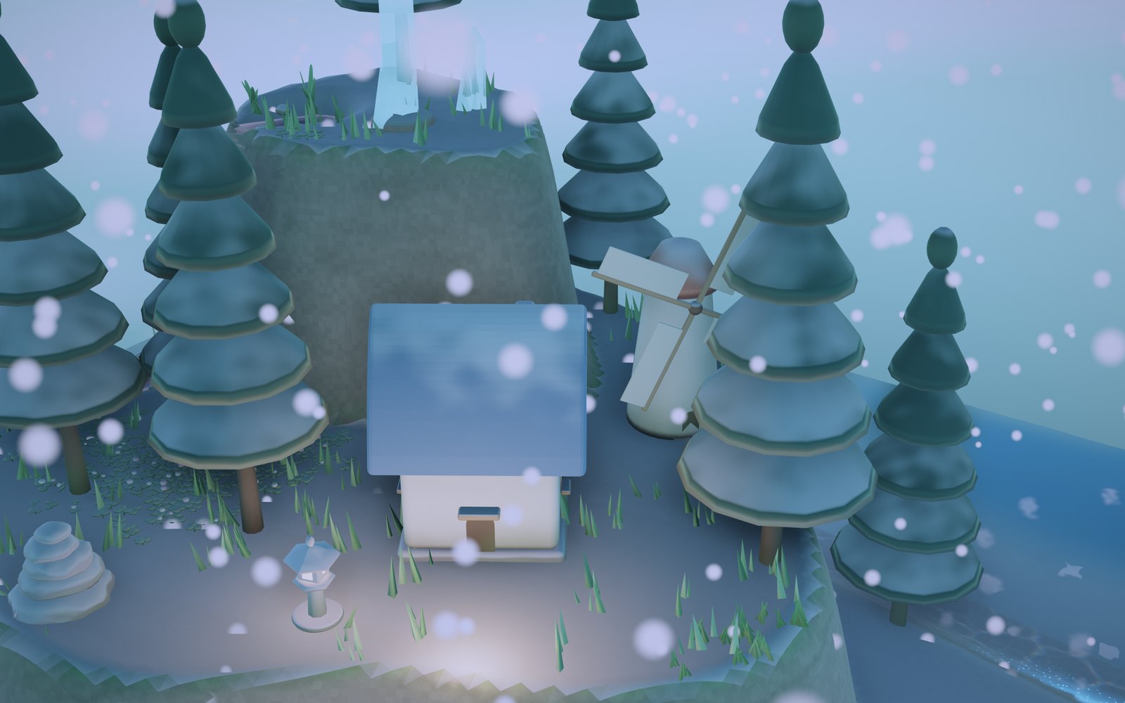 Frostfall Harbour in heavy snow: frosted pines, a cottage and a windmill