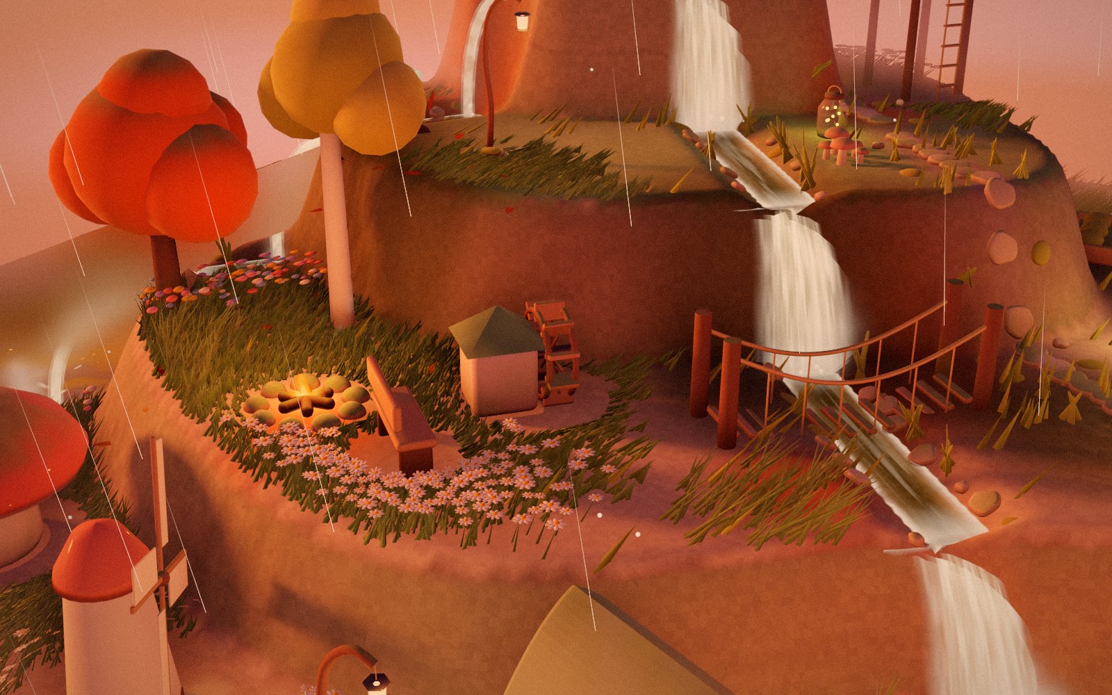 Ember Hollow in an autumn storm: a watermill, a campfire, a rope bridge and stepped falls