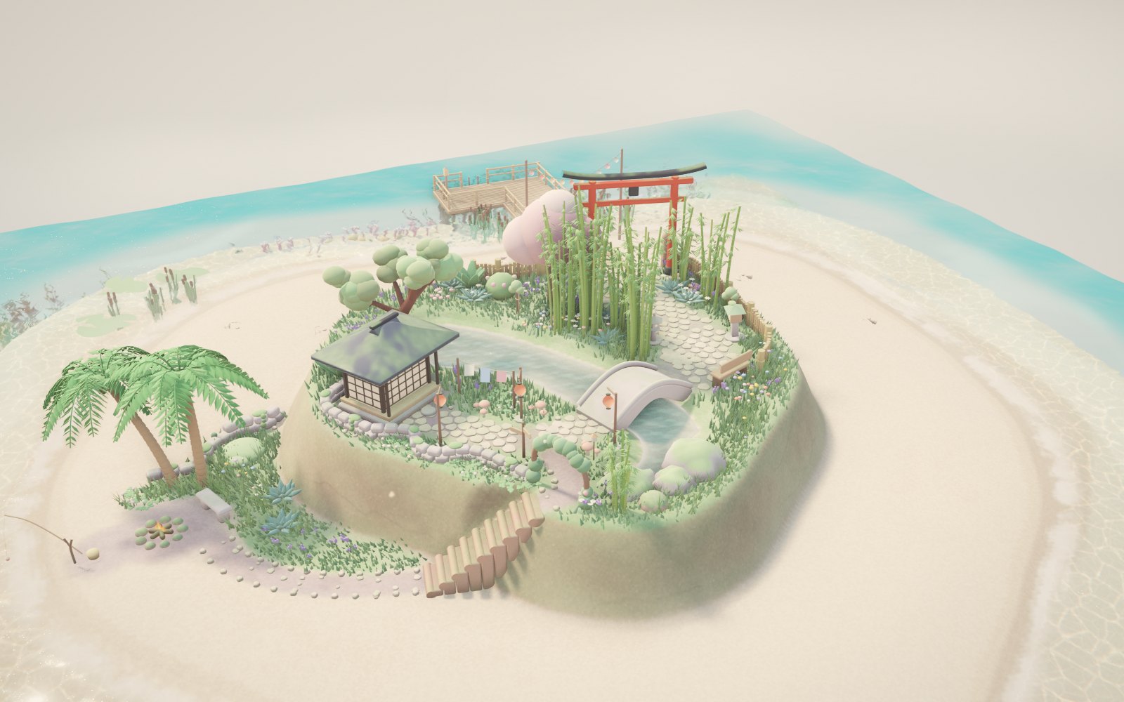 A Japanese garden on a sandy island: a tea house by a stream, a torii gate, bamboo and a blossom tree
