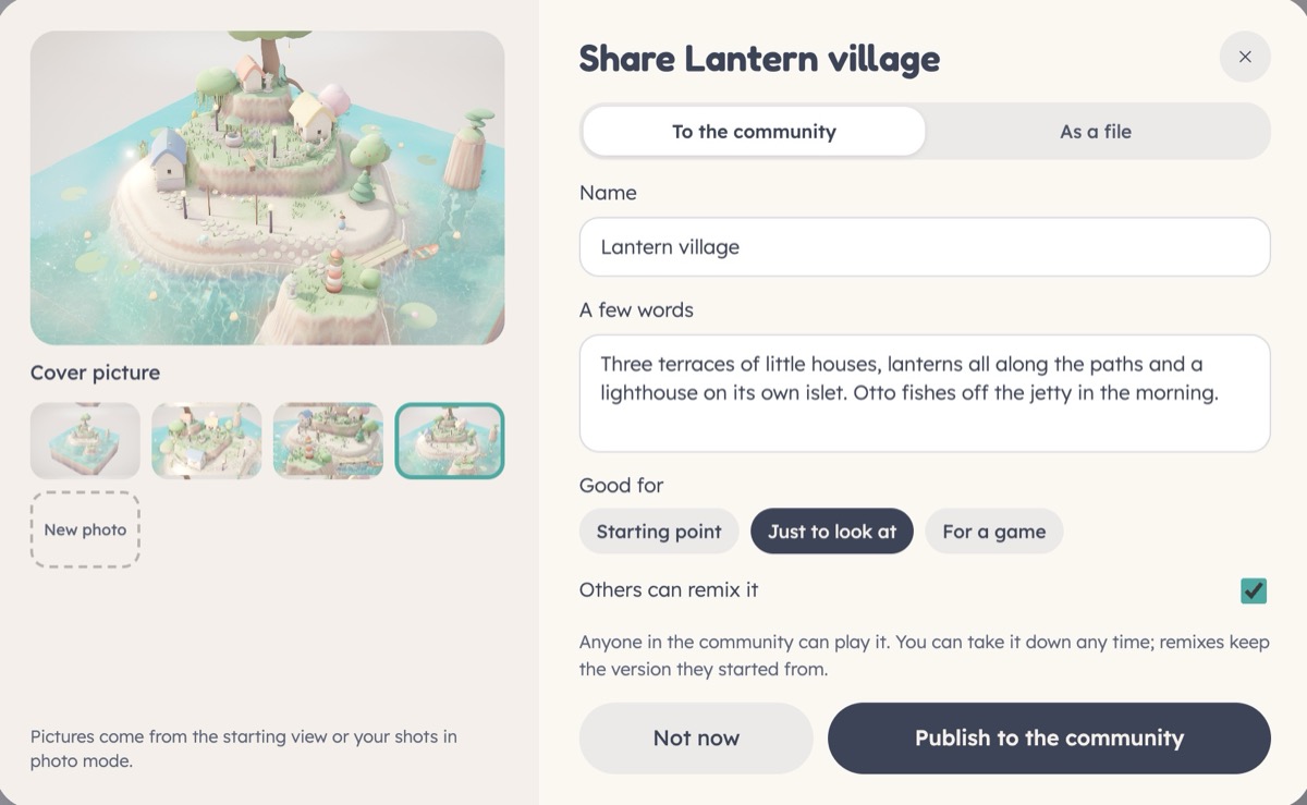 The Share dialog: a cover picture, a name and a few words, what the island is good for, and Publish to the community