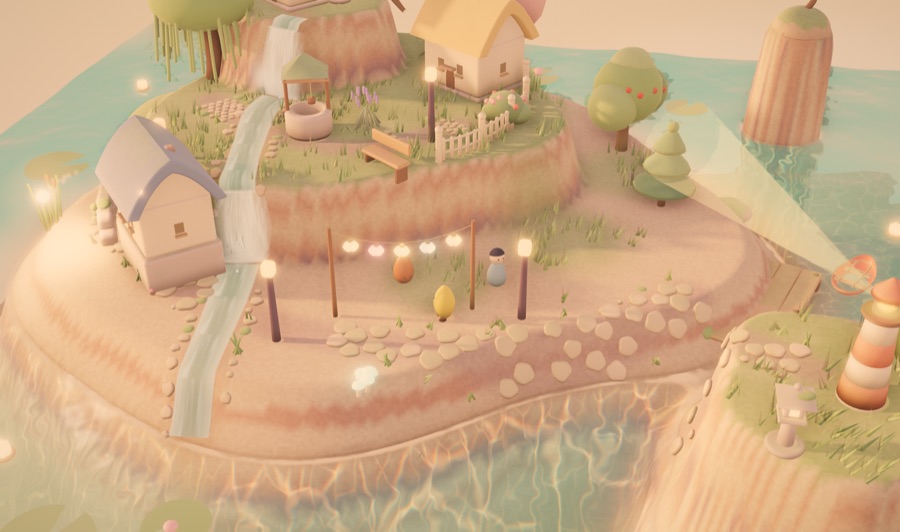 Three residents under string lights in golden hour, a waterfall behind them
